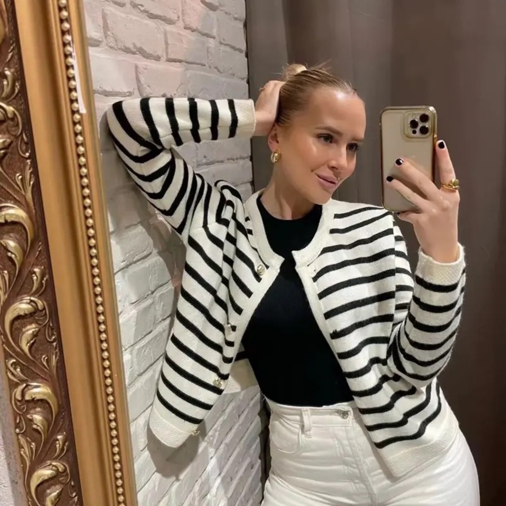 Black and White Striped Knitted Cardigan